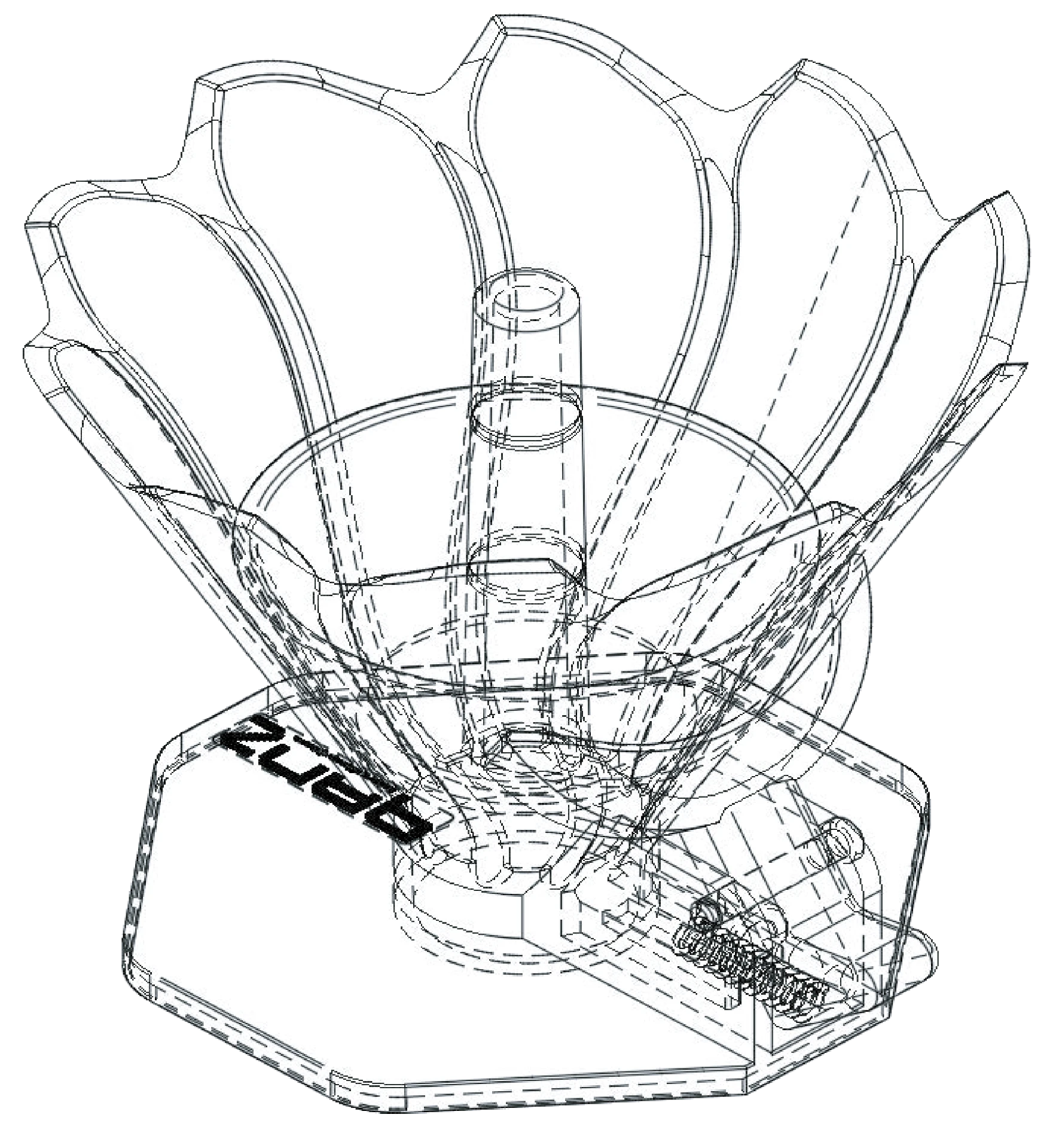 Technical cross-section drawing of the SNAP 029 pour over brewer showing the side channels and spring-loaded snapper